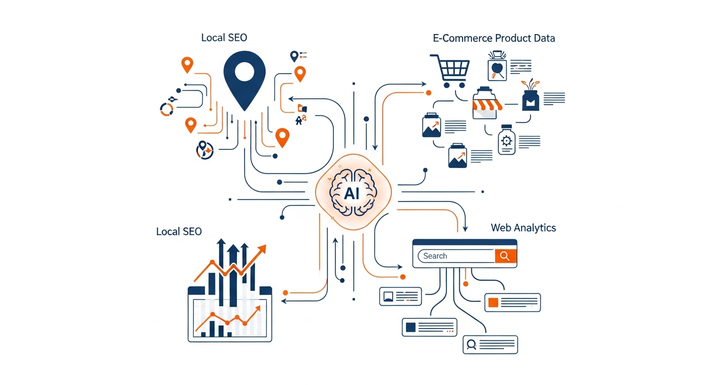AI SEO för e-handel, lokal SEO och webbanalys illustrerad med sökdata, produktflöden, Google Business-profil och konverteringsspårning på en modern webbplats.