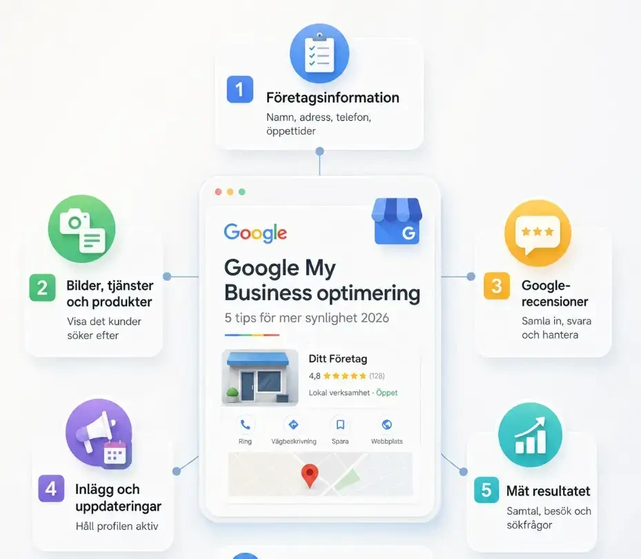 Infografik med fem steg för Google My Business optimering och lokal synlighet
