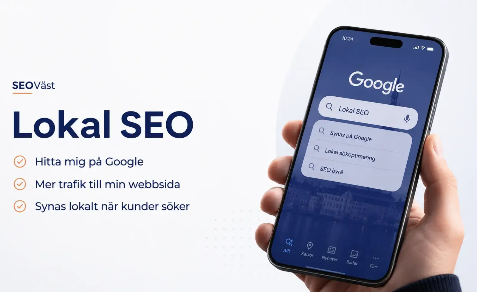 Telefon som visar Google-sökning med sökord som Lokal SEO, Synas på Google och Lokal sökoptimering - illustration av lokal SEO i Göteborg