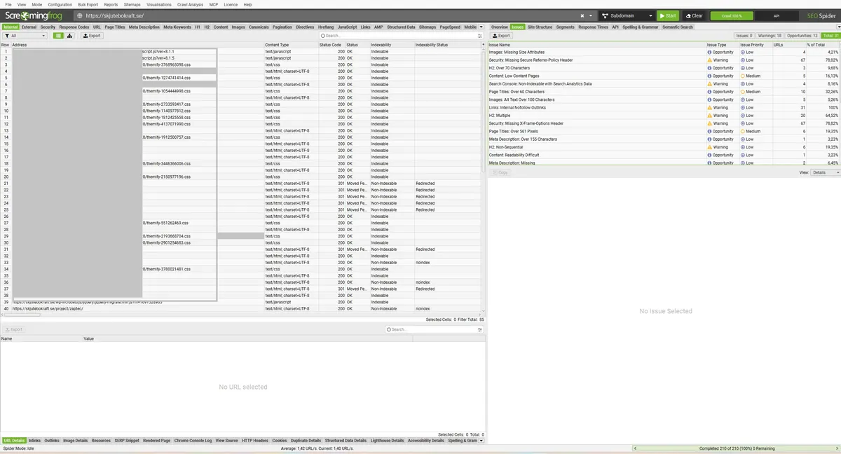Screaming Frog SEO Spider visar URL:er, indexeringsstatus och tekniska SEO-problem i en webbplatsanalys