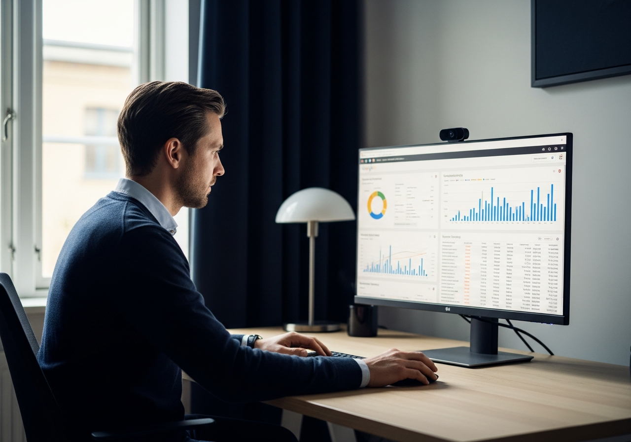 Sökmotoroptimering konsult i Göteborg sitter vid ett skrivbord och analyserar sökorddata och rankinggrafer i Google Search Console