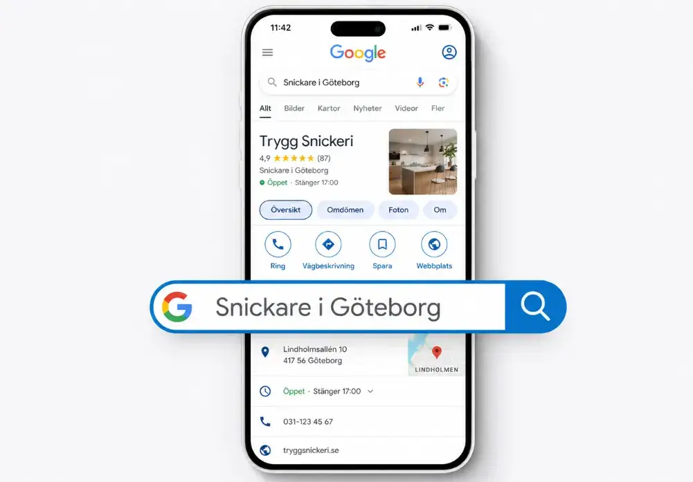 Snickare som visas i en Google Business Profile för lokal sökning